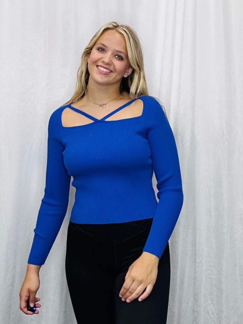 white birch Royal Blue Ribbed Long-Sleeve Top with Cutout Straps